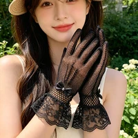 Thin Mesh Lace Full Finger Gloves for Brides' Wedding Etiquette, High Elasticity Bow, Bright Diamond Flower Wedding Hollow Glove 3