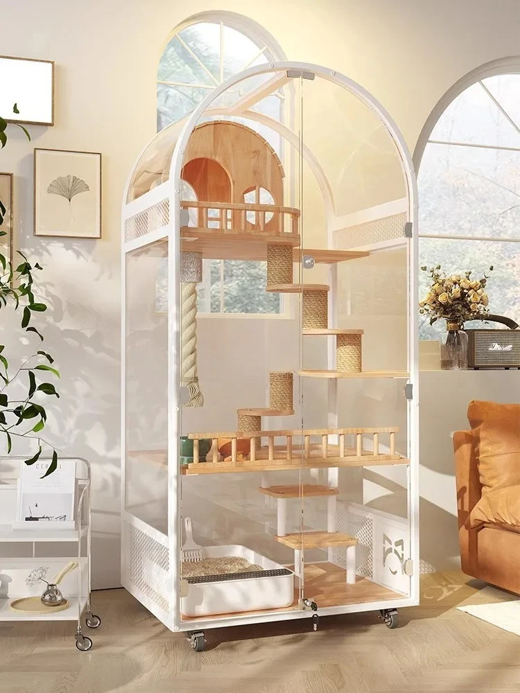 

B Arch Cat Villa Short Foot Luxury Panoramic Tempered Glass House Solid Wood High-Grade Cat Cage Cabinet