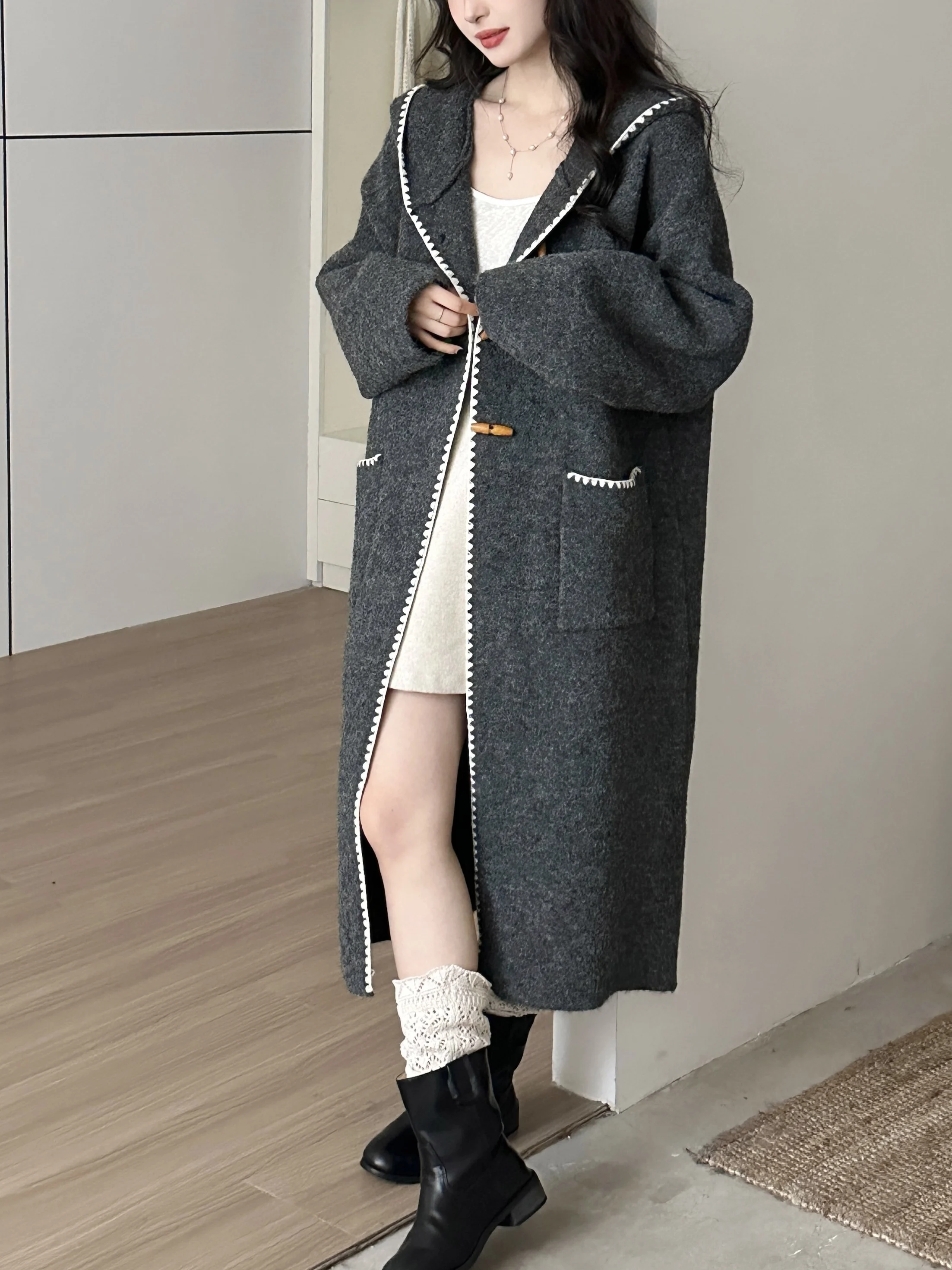 

Ele Long Knitted Sweater Coat Women's Loose Fit Slimming Autumn Winter Vintage Button up Hooded Cardigan Fing Warmth