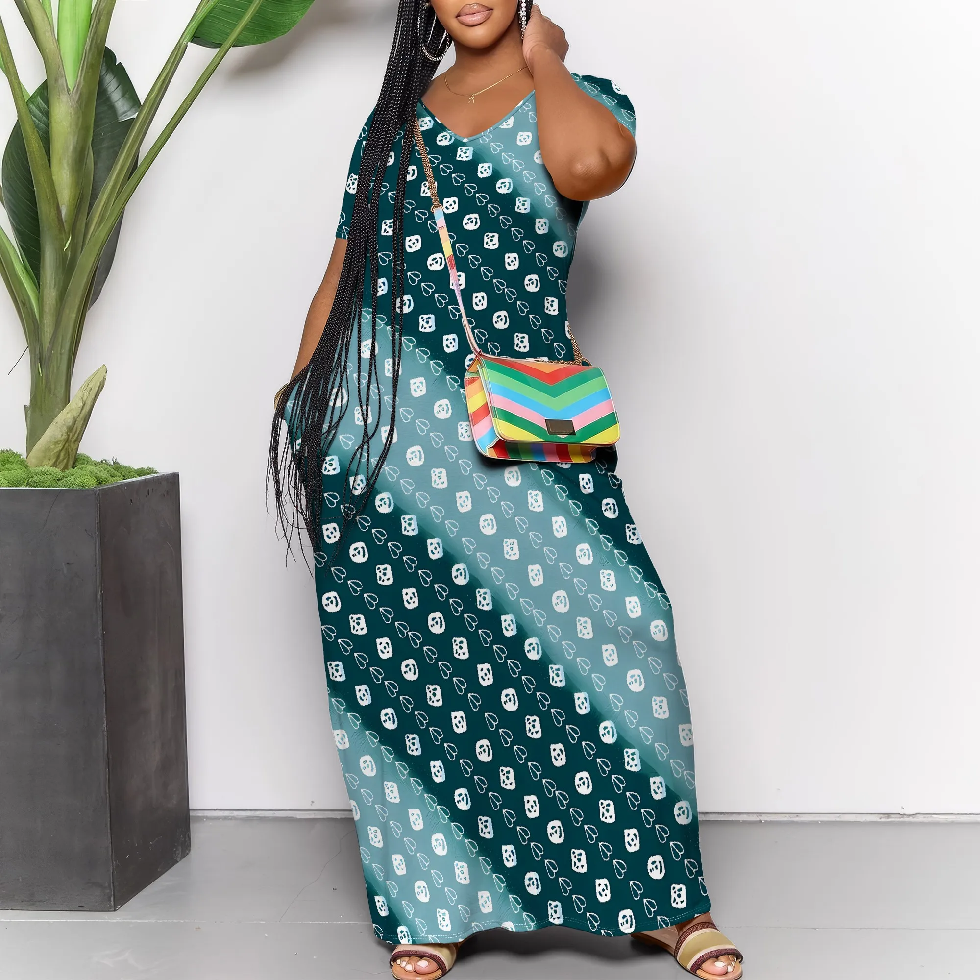 

Nupusa Patterned V Neck Short Sleeve Maxi Dress for Women Summer Casual Loose Dress