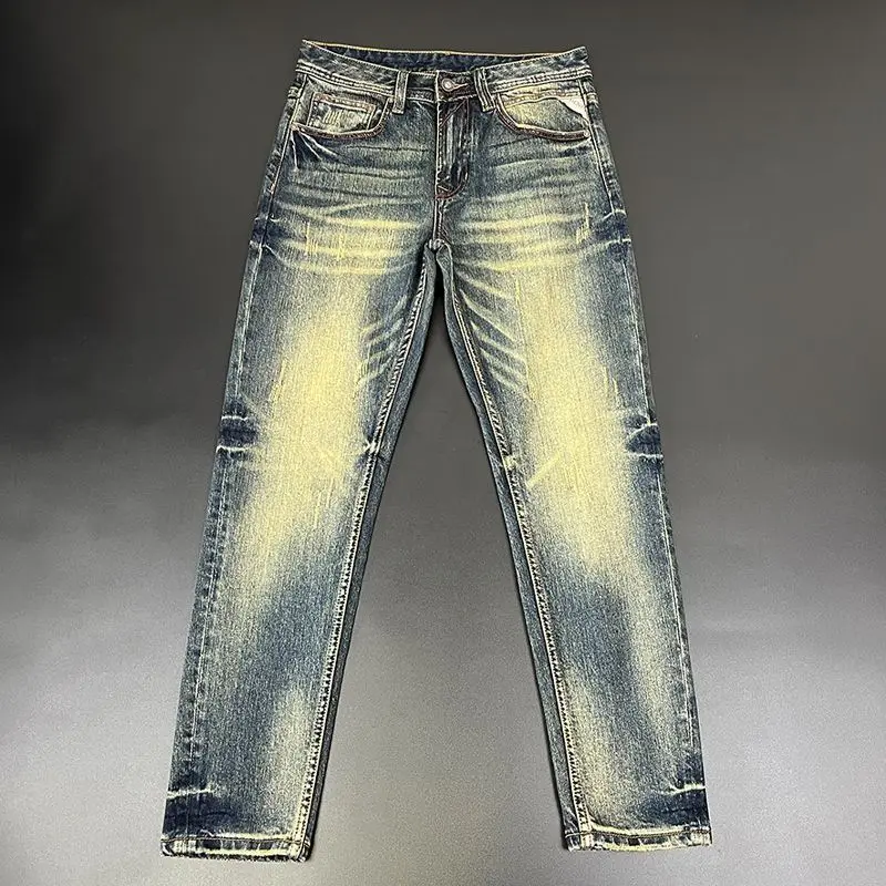 Retro Washed Slim Fit Blue Elastic Denim Jeans Men's Summer Fashionable High Street Style Youthful Wear Resistant All Seasons