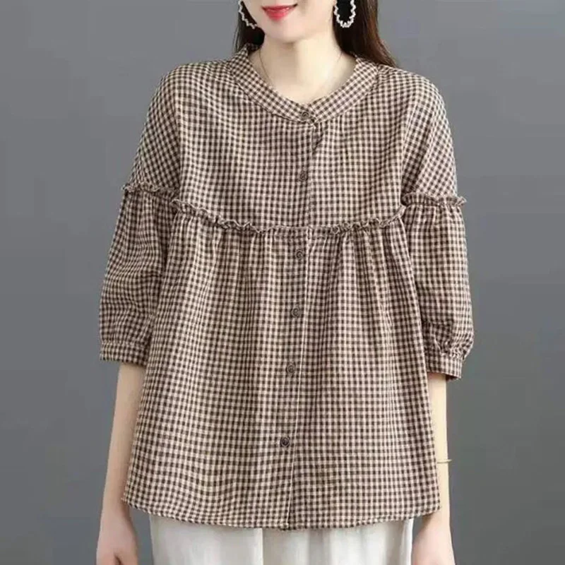 Fashion Loose Button Spliced Folds Ruffles Lattice Blouse Female Clothing 2023 Summer New Casual Pullovers Lantern Sleeve Shirt