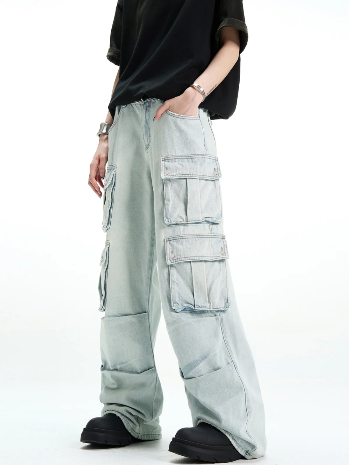 American Washed Light Colored Workwear Jeans Loose Multi Pocket Heavy Design Sense Trousers Trendy Straight Leg Long Pants
