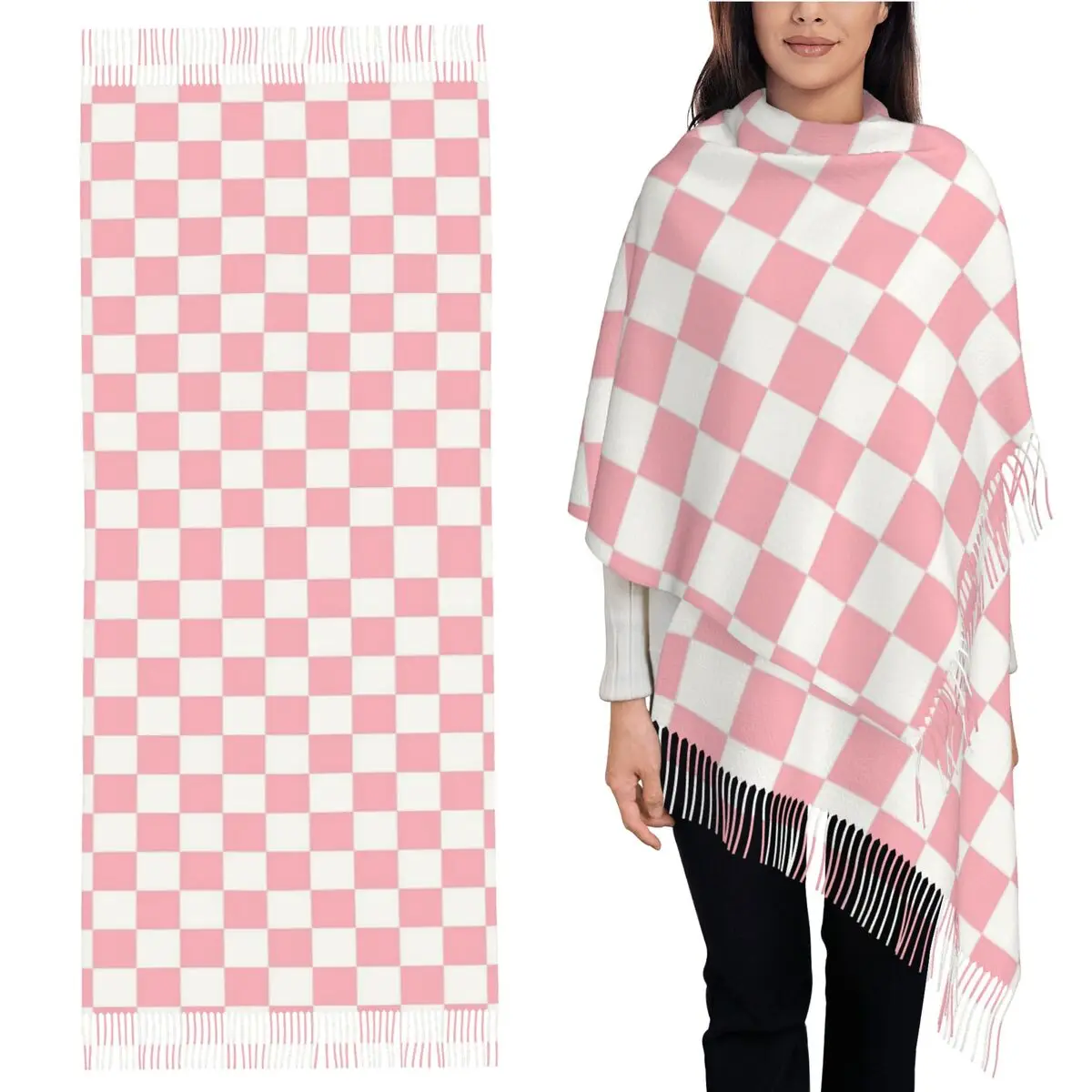 

Pink White Checkerboard Pattern Scarf Tassel Scarves Women Soft Warm Shawls and Wraps Large Fall Winter Shawl Wrap