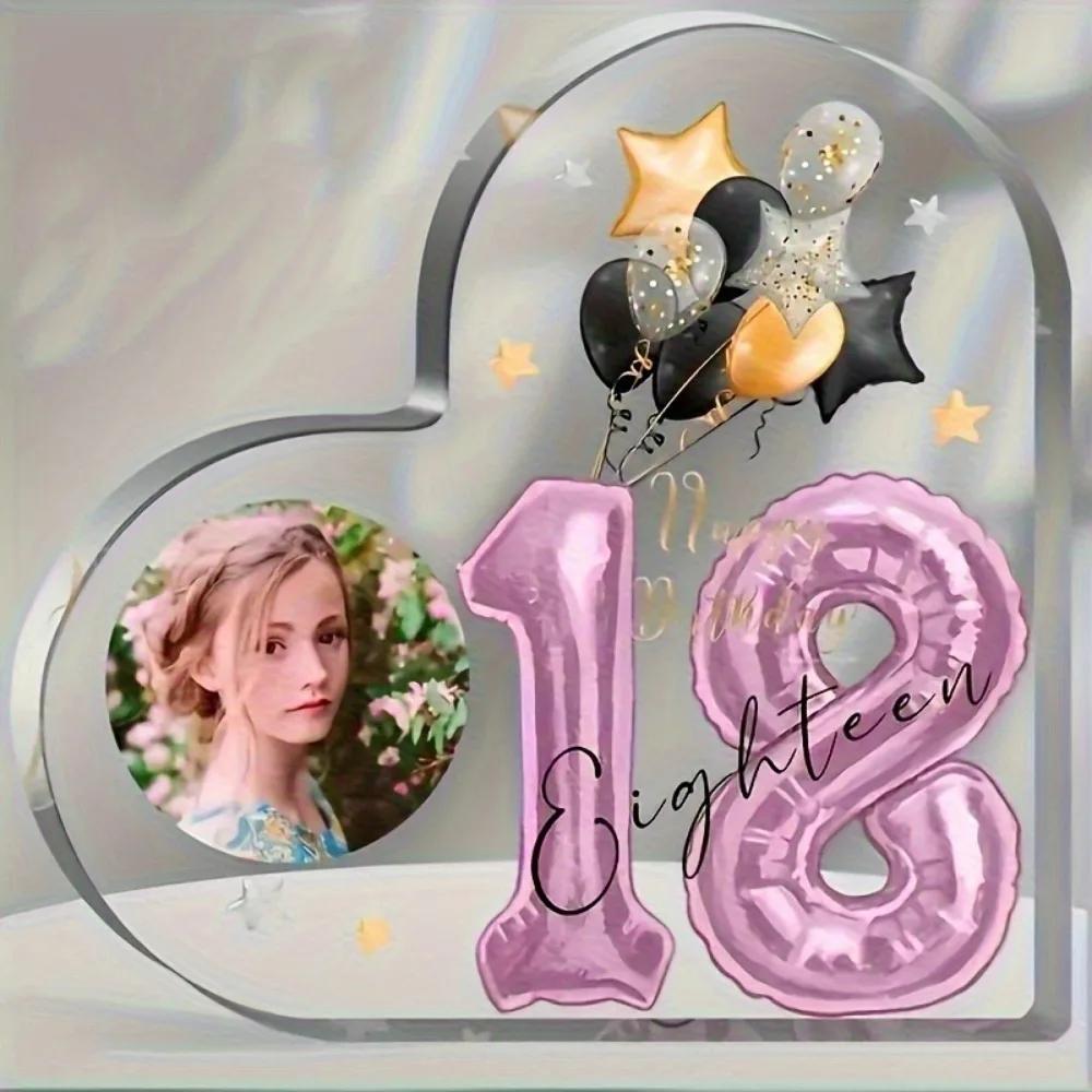 Personalized Acrylic Heart Desk Ornament, Custom 18th Birthday Glitter Number Balloon, Ideal Present for Daughter Son Loved Ones