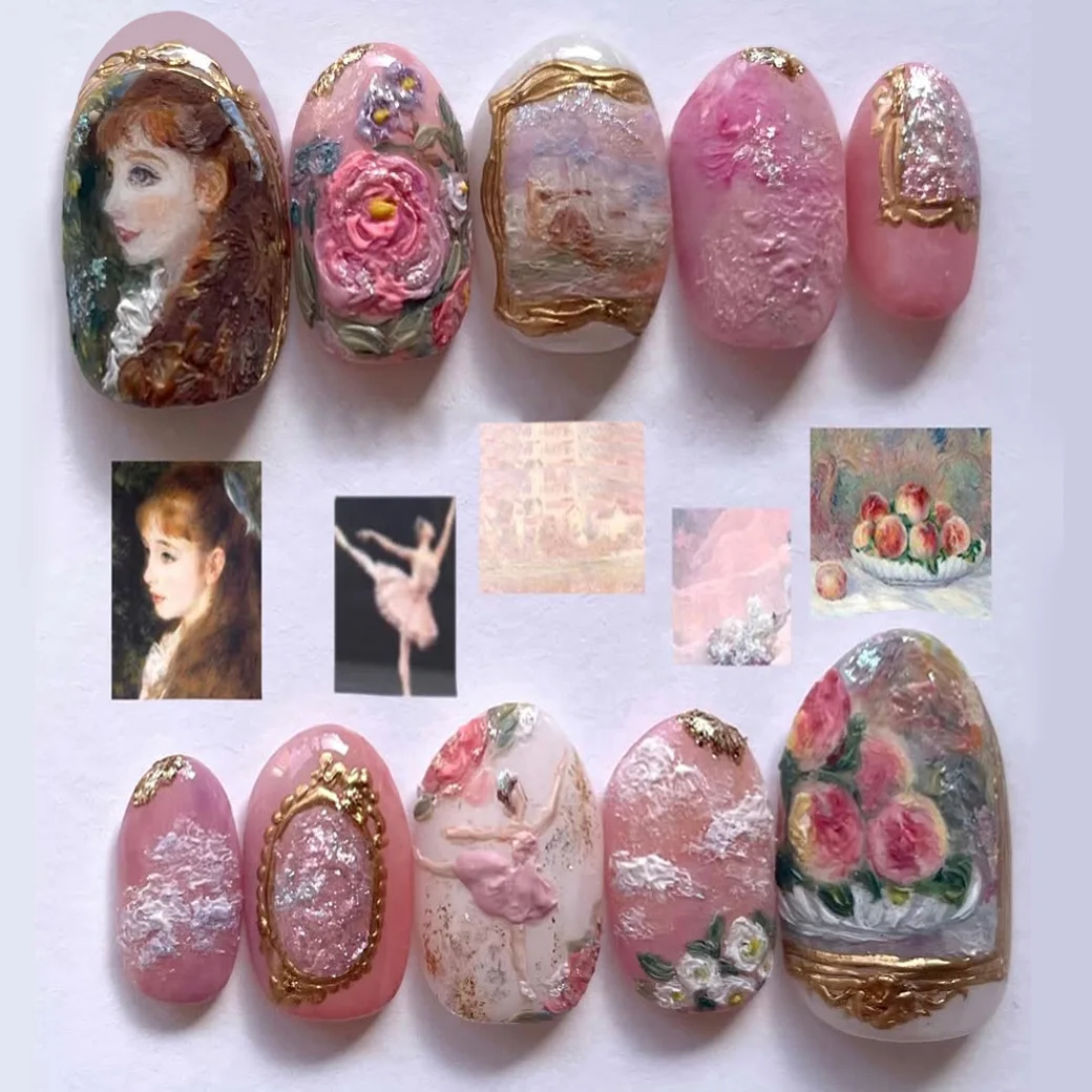 

24PCS Pink Almond False Nail with Glue Rozen Maiden Oil Paintings Sweet French Fake Nails for Women Detachable Manicure Press On