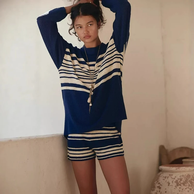 

New Fashionable American Style Spring/Summer 2026 Elegant Casual Loose Versatile Striped Sweater Knitted Shorts Set for Women