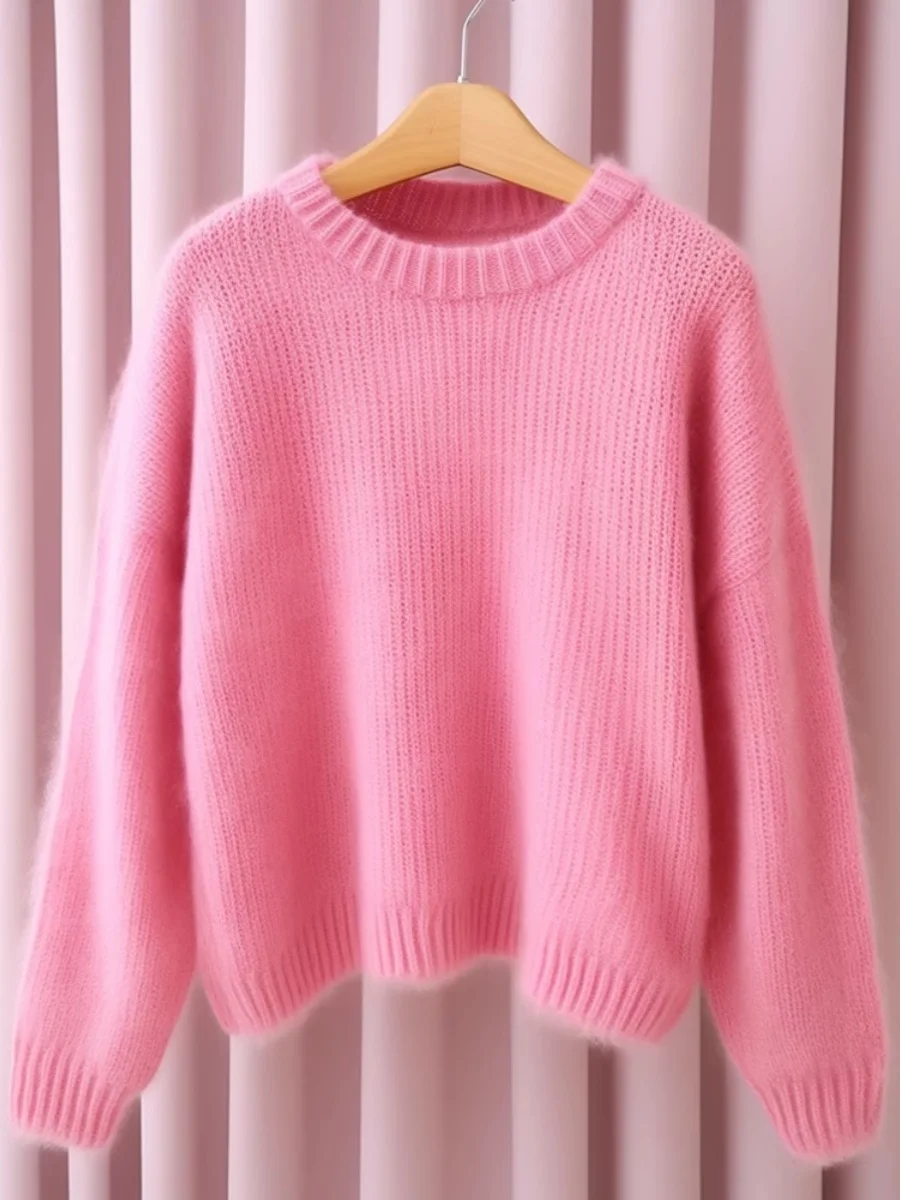 

Розовый свитер из искусственного меха с рисунком медведя для женщин, мягкий и уютный вязаный топ, осенне-зимний, премиум-класса, в корейском стиле, с круглым вырезом, с длинными рукавами