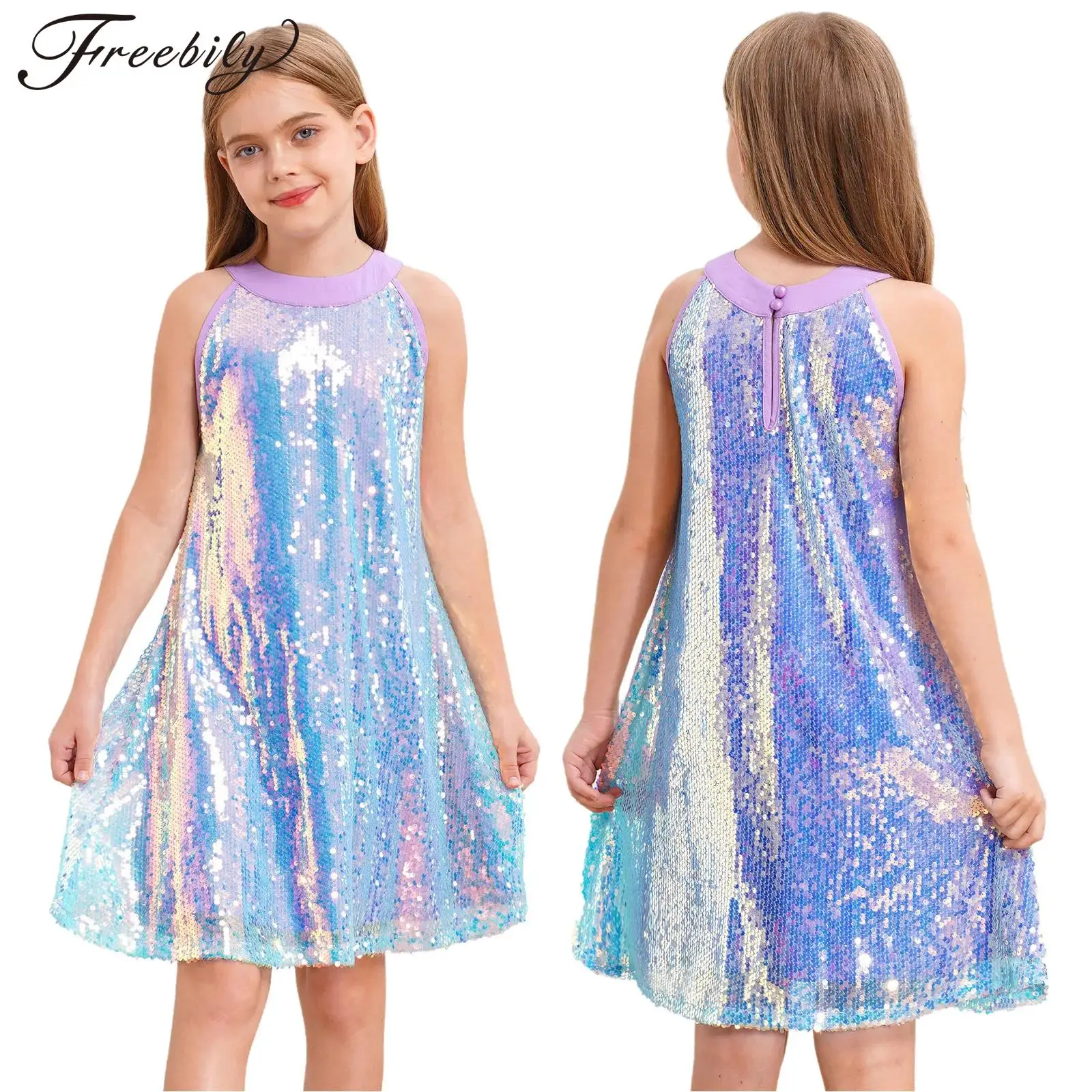 

Kids Girls Glittery Sequins Party Dress Metallic Cami A-line Dress Birthday Dance Ball Prom Gown Dress Festival Costume Dress Up