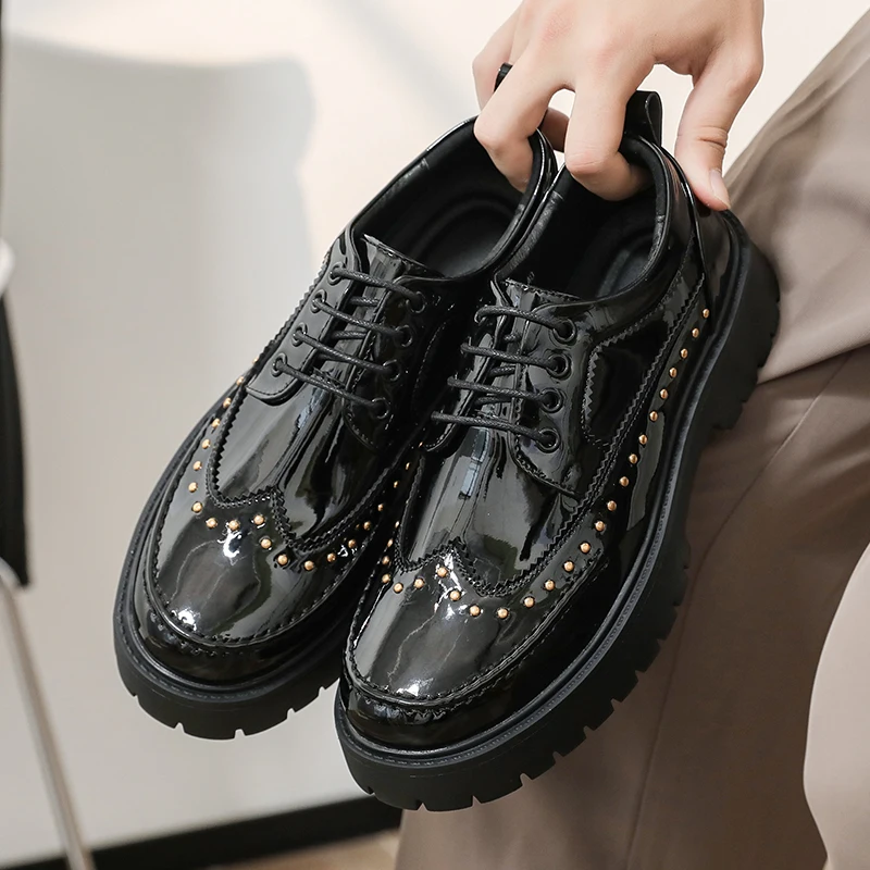 Men Derby Shoes PU Splicing Rivet Decoration Thick Bottom Fashion Classic Men Shoes Size 38-46