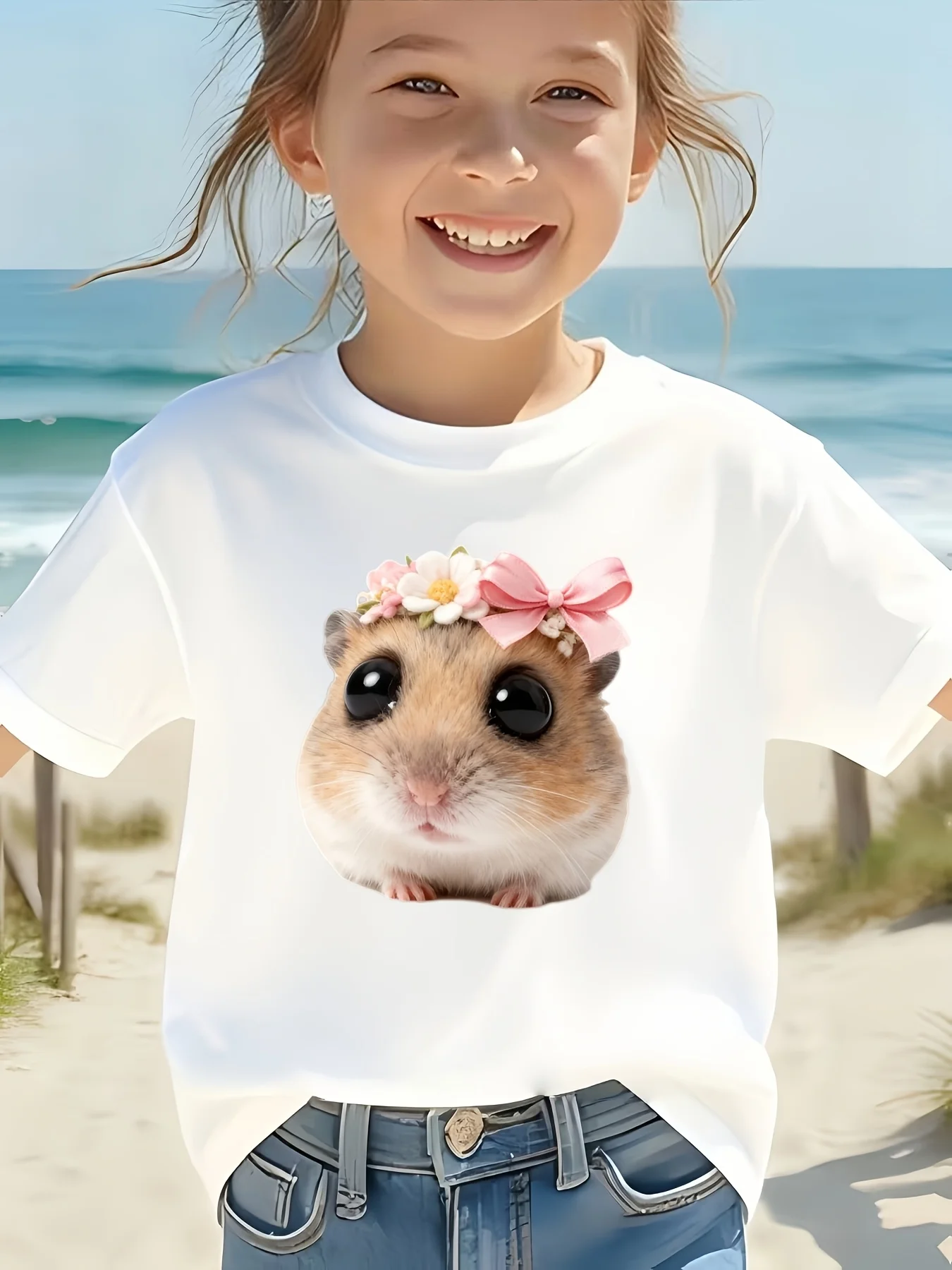 Sweet Little Hamster Floral Bow Graphic T Shirt Boys Girls Animal Lover Short Sleeve Tee Family Matching Kids Casual Cotton Tops
