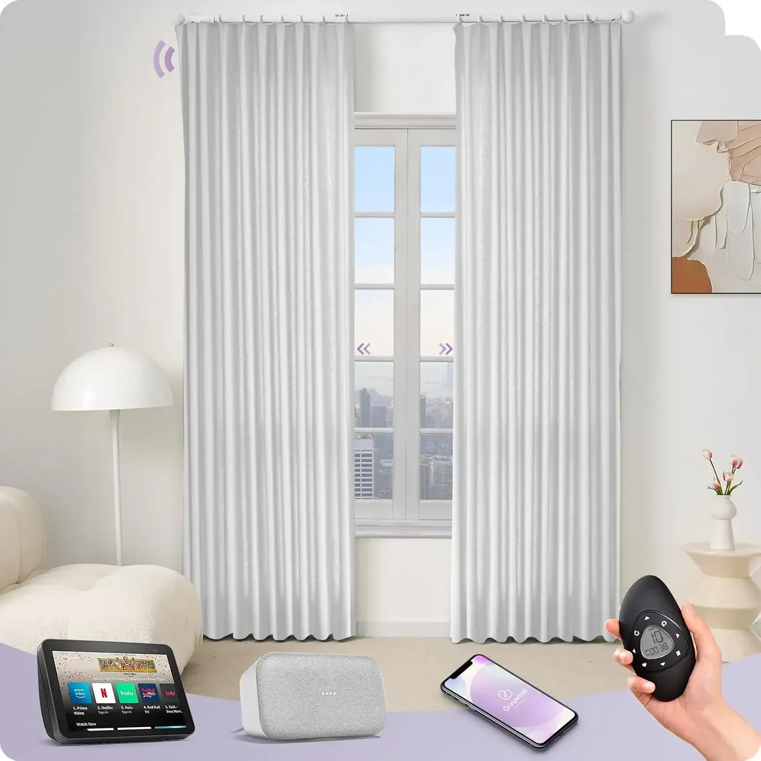 Smart Curtain Set Compatible with Alexa Google Hardwired Motorized Grommet Drapes for Living Room Bedroom, Custom Size (Pure Whi