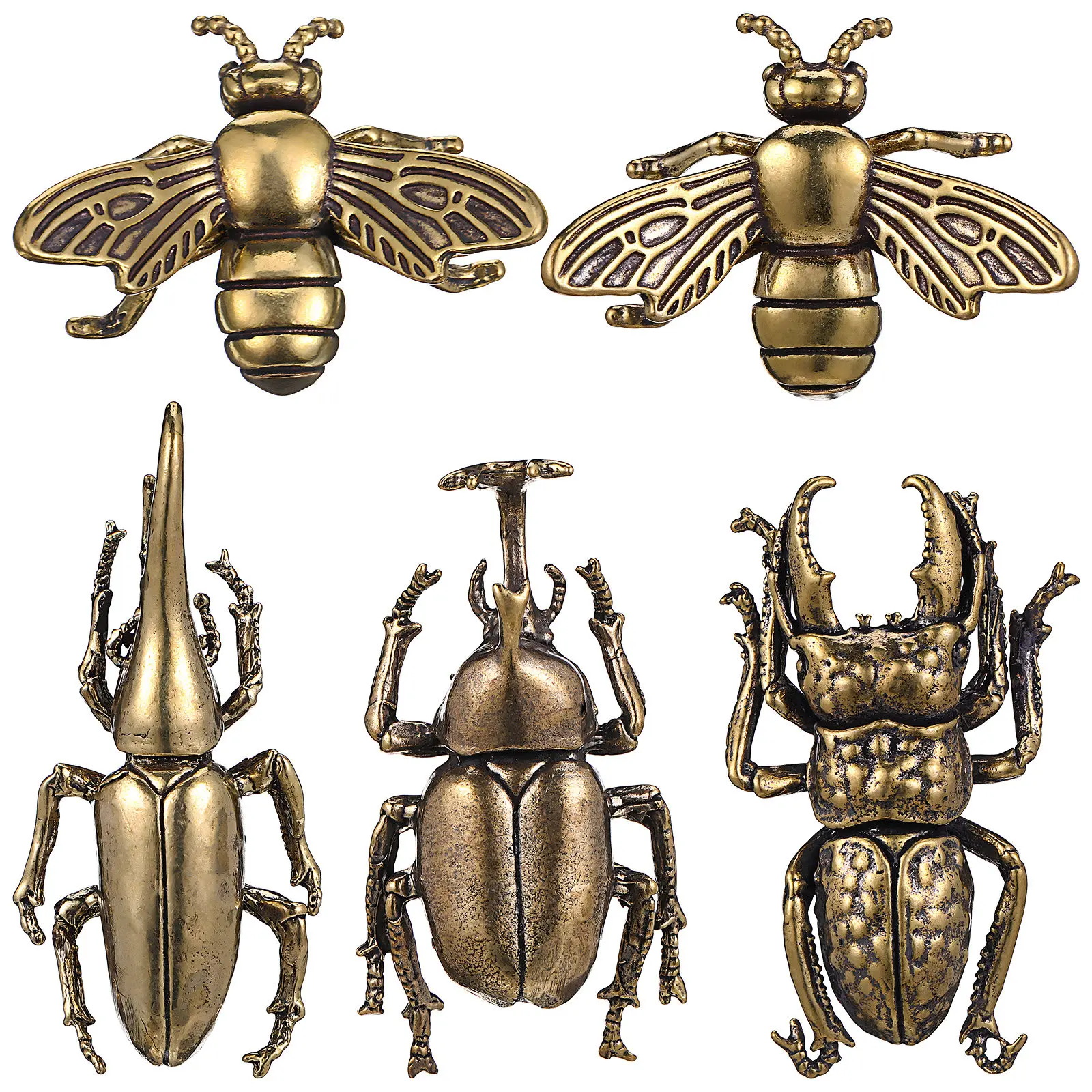 5Pcs Brass Bee Beetle Bugs Animal Decorations Creative Desktop Ornaments Office Home Metal Decor Tea Party Favors