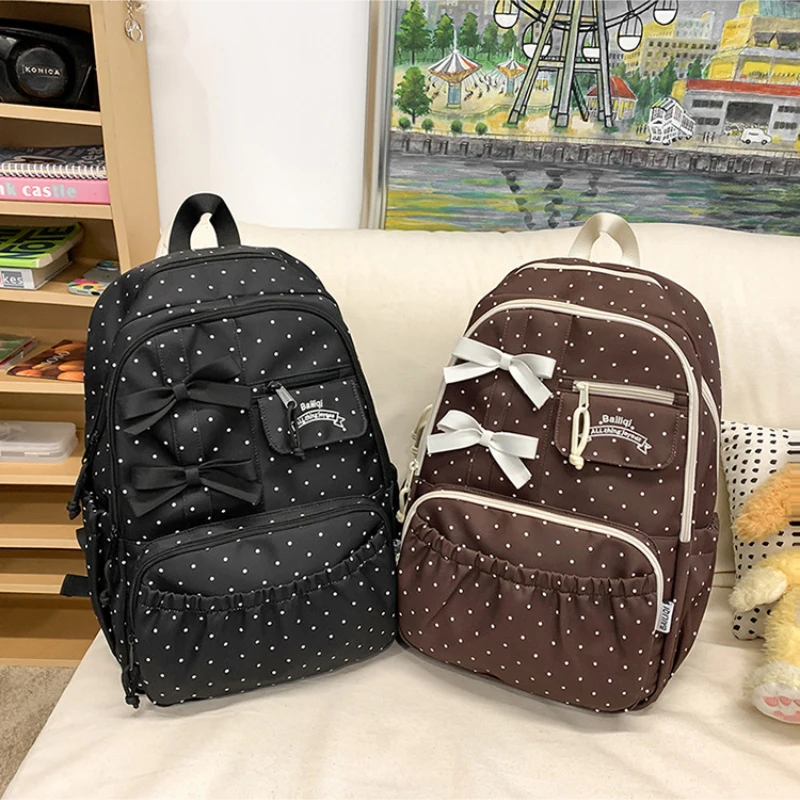Korean Polka Dot Bow Backpack For Girls Large Capacity Sweet Ruffle Student School Bag Fashion Casual Travel Nylon Backpack