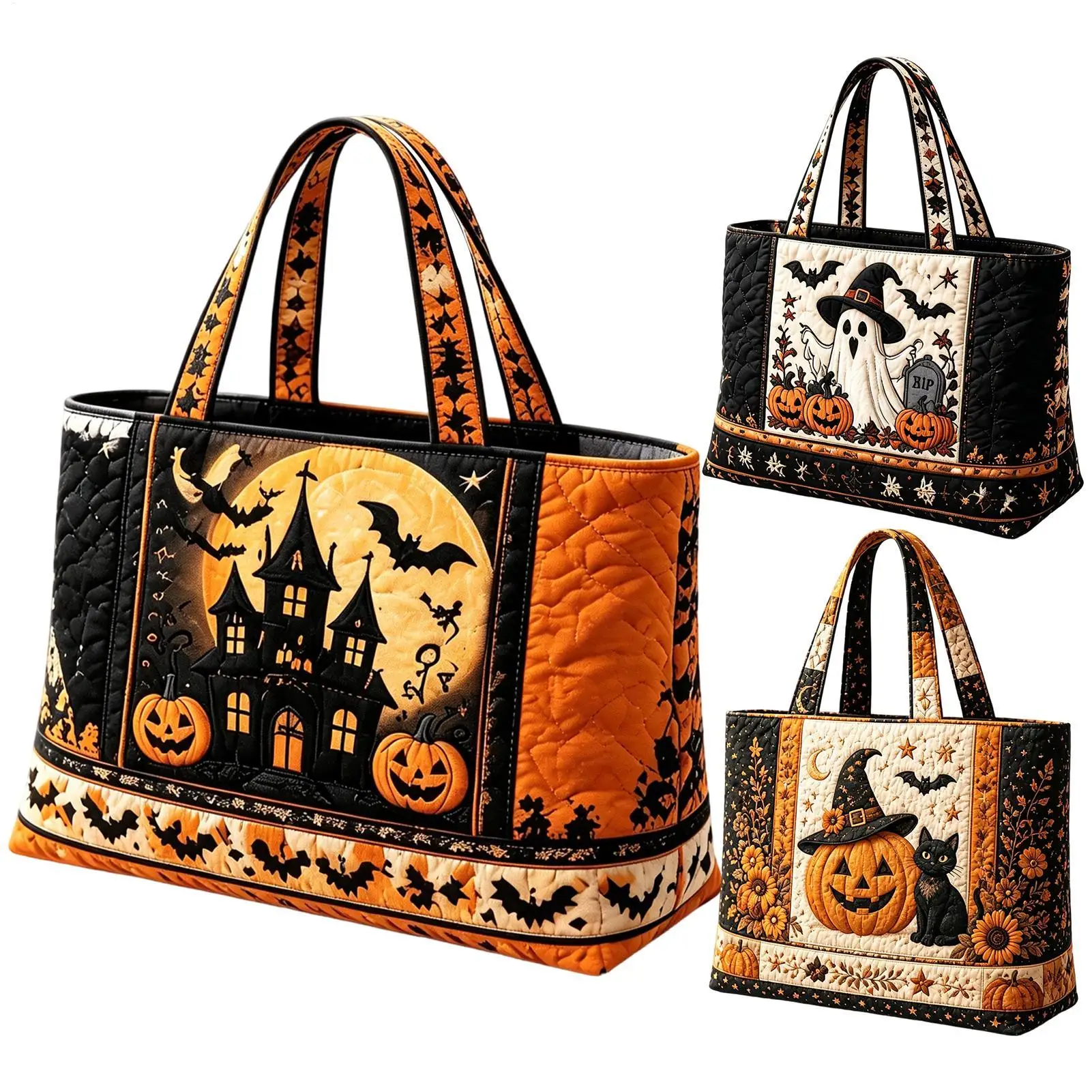 Halloween Tote Bag 3D Spooky Quilted Large Capacity Pouch Halloween Themed Handbag for Shopping Outdoor Sand Boat Cruise
