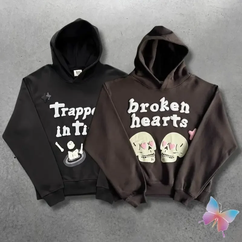 

Skeleton Foam Pink Heart Print BROKEN PLANET Hoodies Embroidered Logo High Street Cleanfit Men Women Casual Hooded Sweatshirts