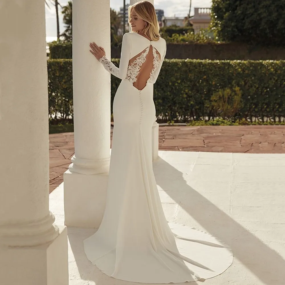 Robe de Mariée Sirène Sexy à Manches sulfet Col en V pour Femme, Tenue Élégante à Dos auxavec Appliques en Dentelle, Personnalisée sur Mesure, 2023