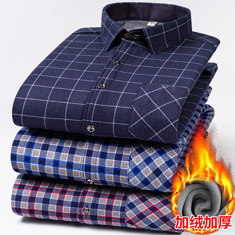 New Double-Sided Fleece Warm Shirt Thickened Plaid Autumn Winter Men's Open Cardigan Long Sleeve High-Quality Casual Workwear
