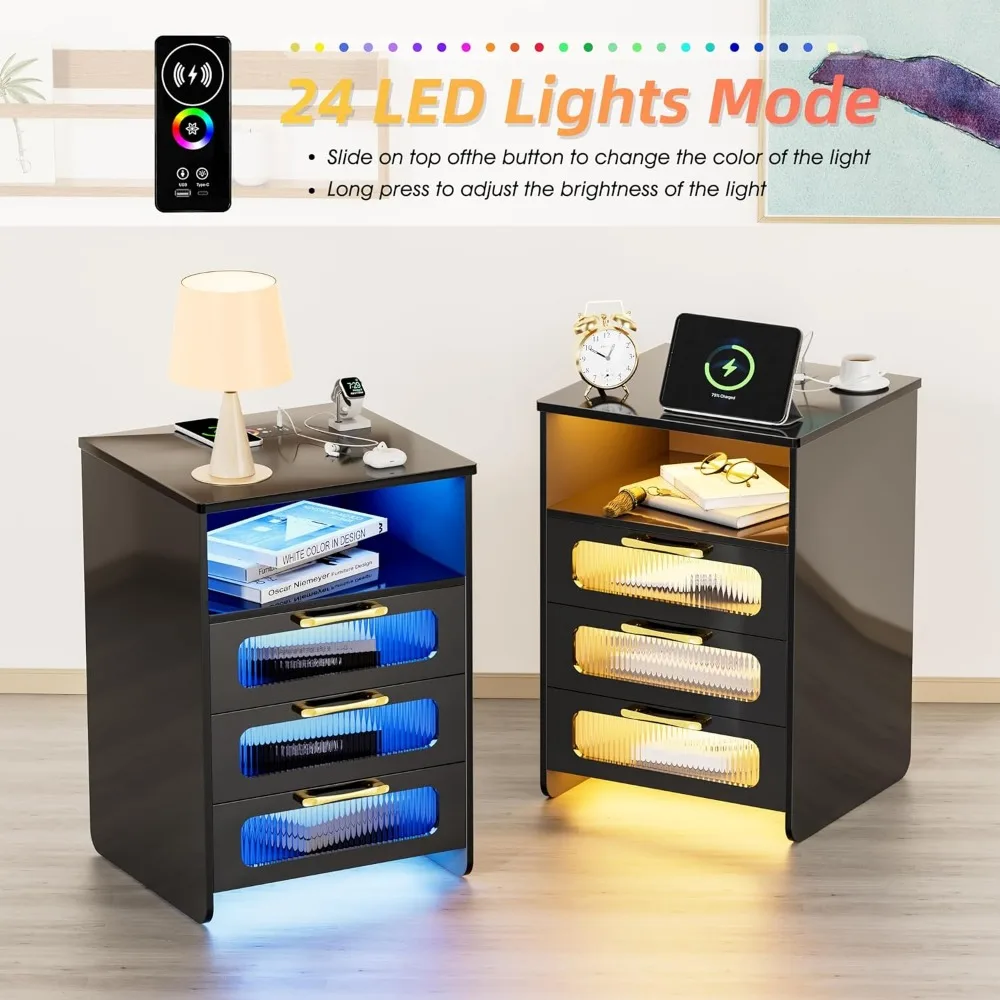 Mesita de noche LED con estación de carga, cajones de mesita de noche modernos, elegante de alta calidad, diseño simple para el hogar