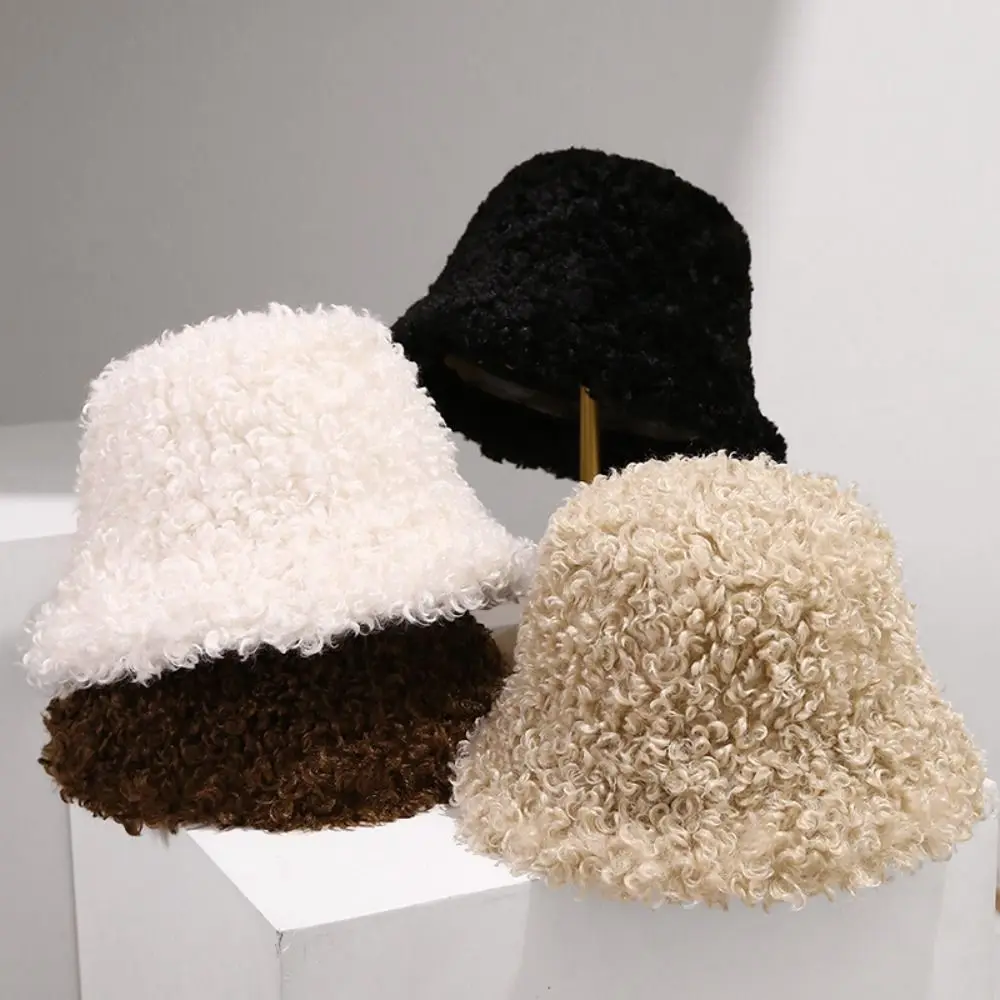 Solid Colors Winter Bucket Hat Thickened Fluffy Fishing Cap Warmer Outdoor Lamb Faux Fur Women's Fisherman Hat Winter Season