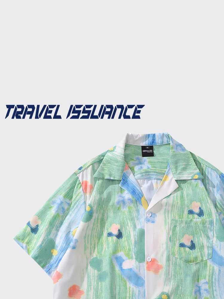 トラベル発行ドーパミンフライングカラー落書きプリントキューバカラールーズ半袖シャツbfスタイルカジュアルファッション