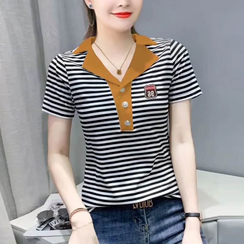 

Short Sleeve Women's Summer Button Striped Pullover T-shirt Clothing Turn-down Collar Contrast Color High Street Korean Tops