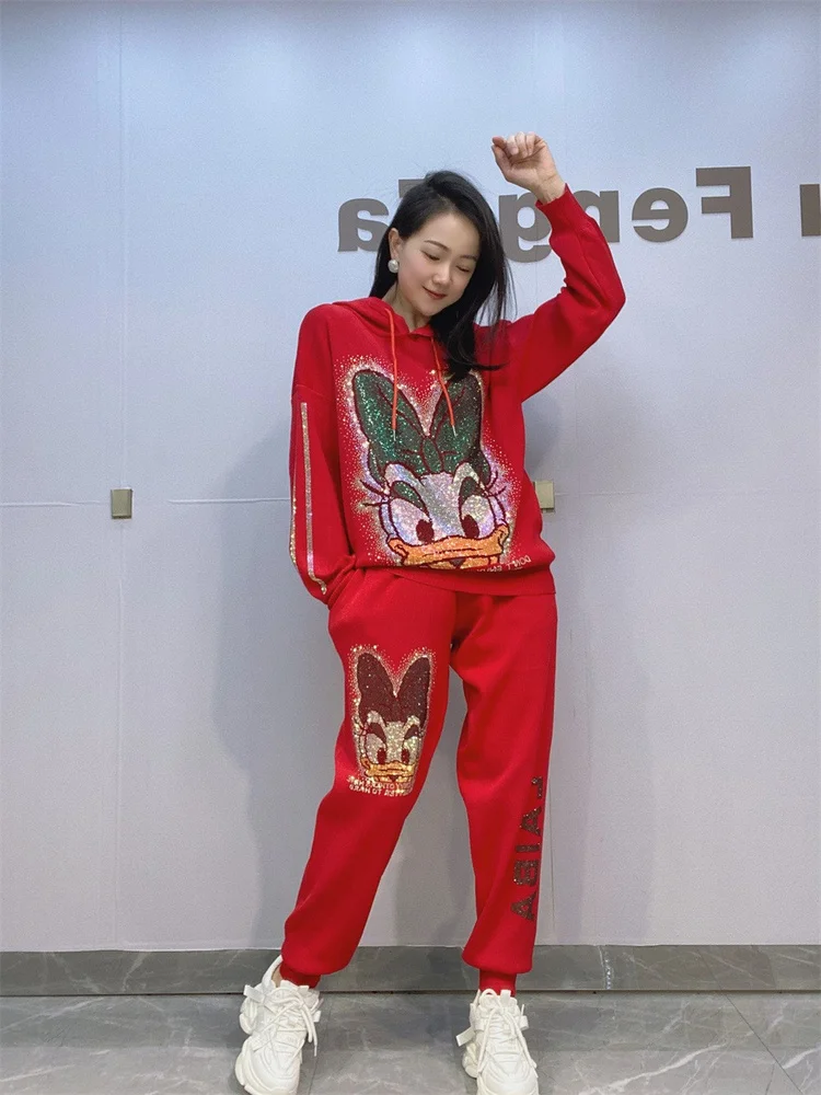 여성 플러스 사이즈 니트 모자 세트, 라인스톤 장식 캐주얼 봄 가을 투피스 세트, 긴 바지 후드 오버헤드 세트