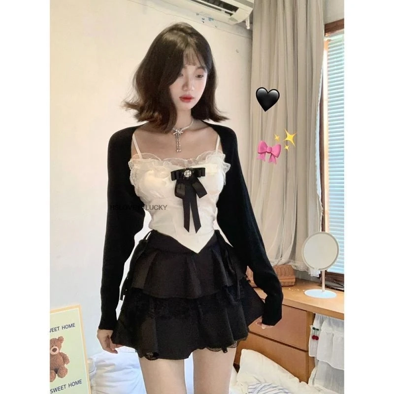 South Korea School Uniform Pure Desire jk Suit for Women Short Cardigan Lace Straps Black Skirt Pants 3 Piece Sets Y2k Clothing