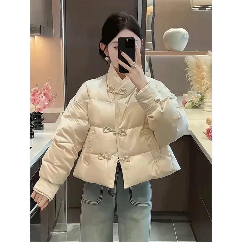 

New Chinese Sle Warm Cotton Jaet with Button Design Faionable And Sli Commute Loose Fit Long Sve ort Coat