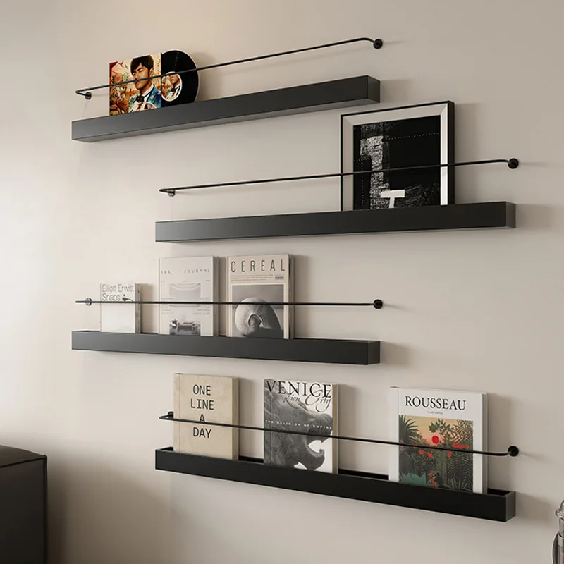 Black Metal One-Word Wall Shelf Living Room Newspaper Holder Wall Magazine Display Rack Minimalism Home Books Storage Solution