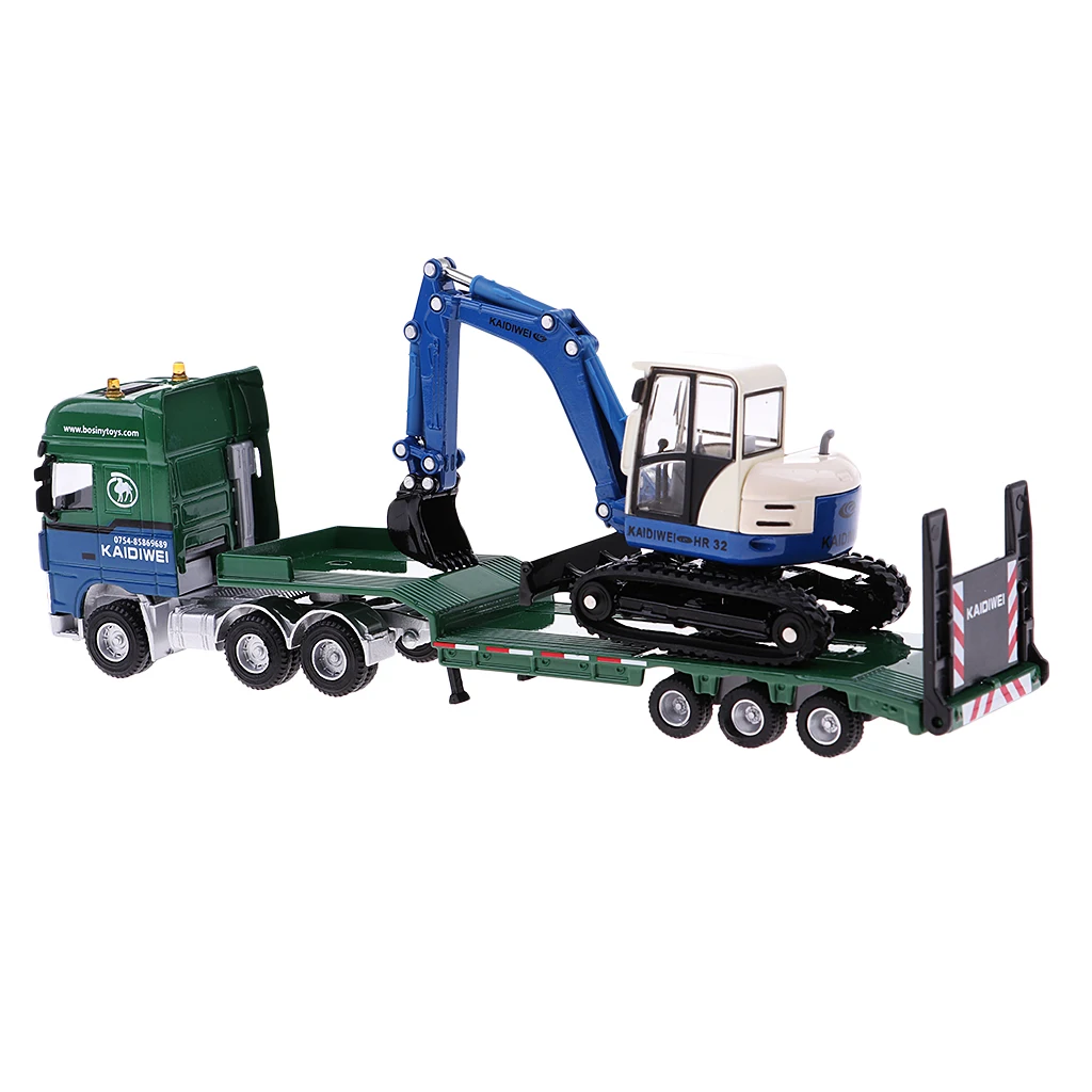 Mini Engeering Series Car Model Alloy Flatbed Trailer Excavator for Kids Playing Vehicle Model Scene Layout