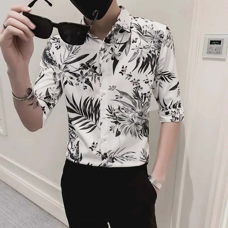 Men's Summer 3/4 Sleeve Shirt Korean Style Slim Fit Casual Button Down Shirts Trendy Floral Printed Blouse Breathable Streetwear