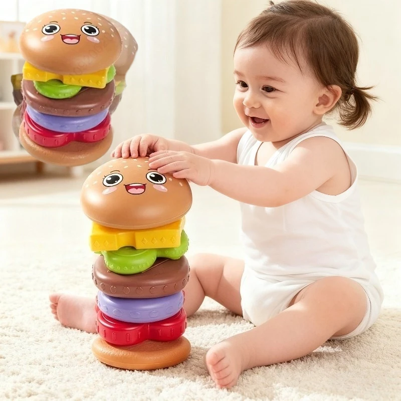 Bebê hambúrguer empilhamento brinquedo educação precoce do bebê quebra-cabeça comida brinquedo exercício dedo forma cognição pai criança interação