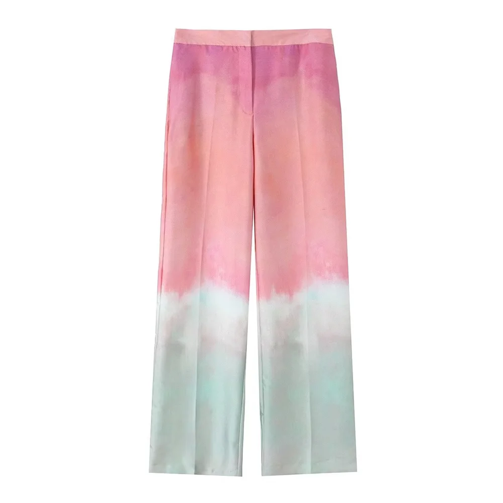 2024 Summer New Women\'s European and American Silk Texture Tie Dyeing Printed Shirt High Waist Wide Leg Pants Set