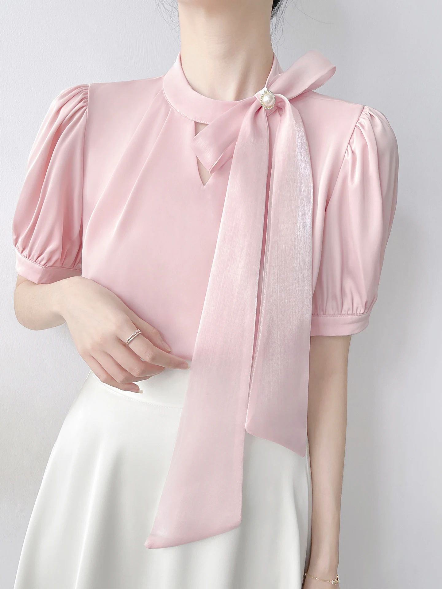 

Korean Sle Knot Silk ort Sve Pink irt Women's Summer New Ele OL Commuting Top Loose Fit round Ne