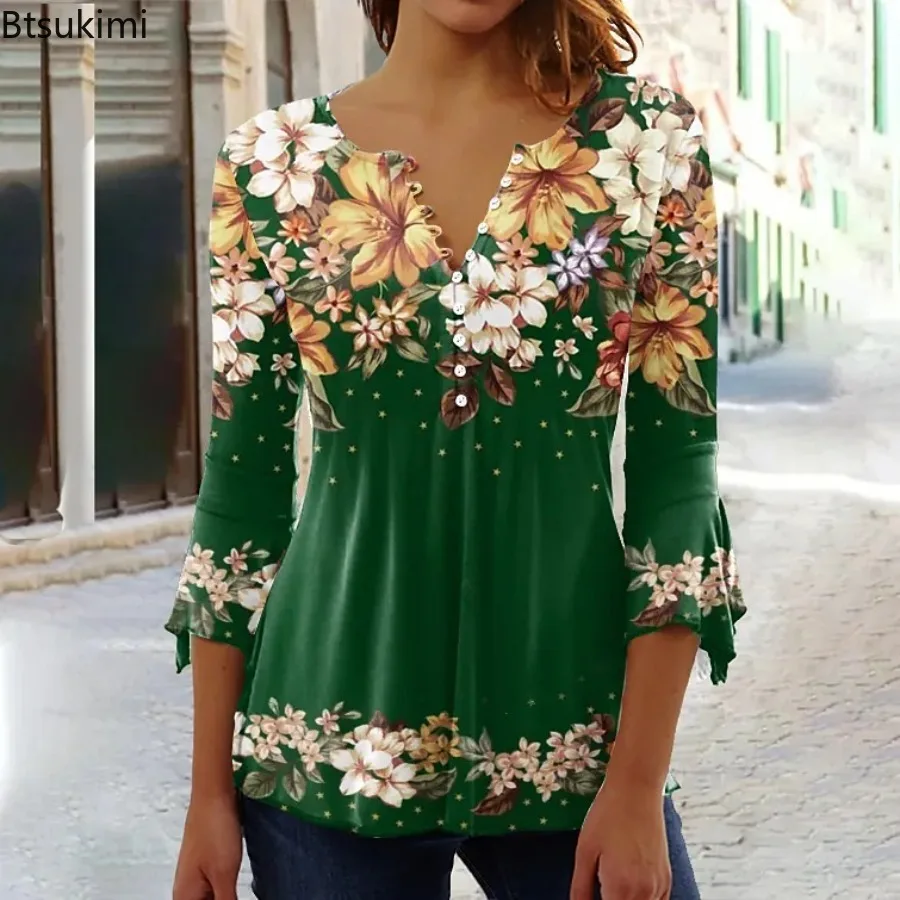 Summer Elegant Women's Flower Print T-shirt Fashion V-neck Seven-quarter Sleeve Tops Ladies Casual Loose Chic Button Splice Tees