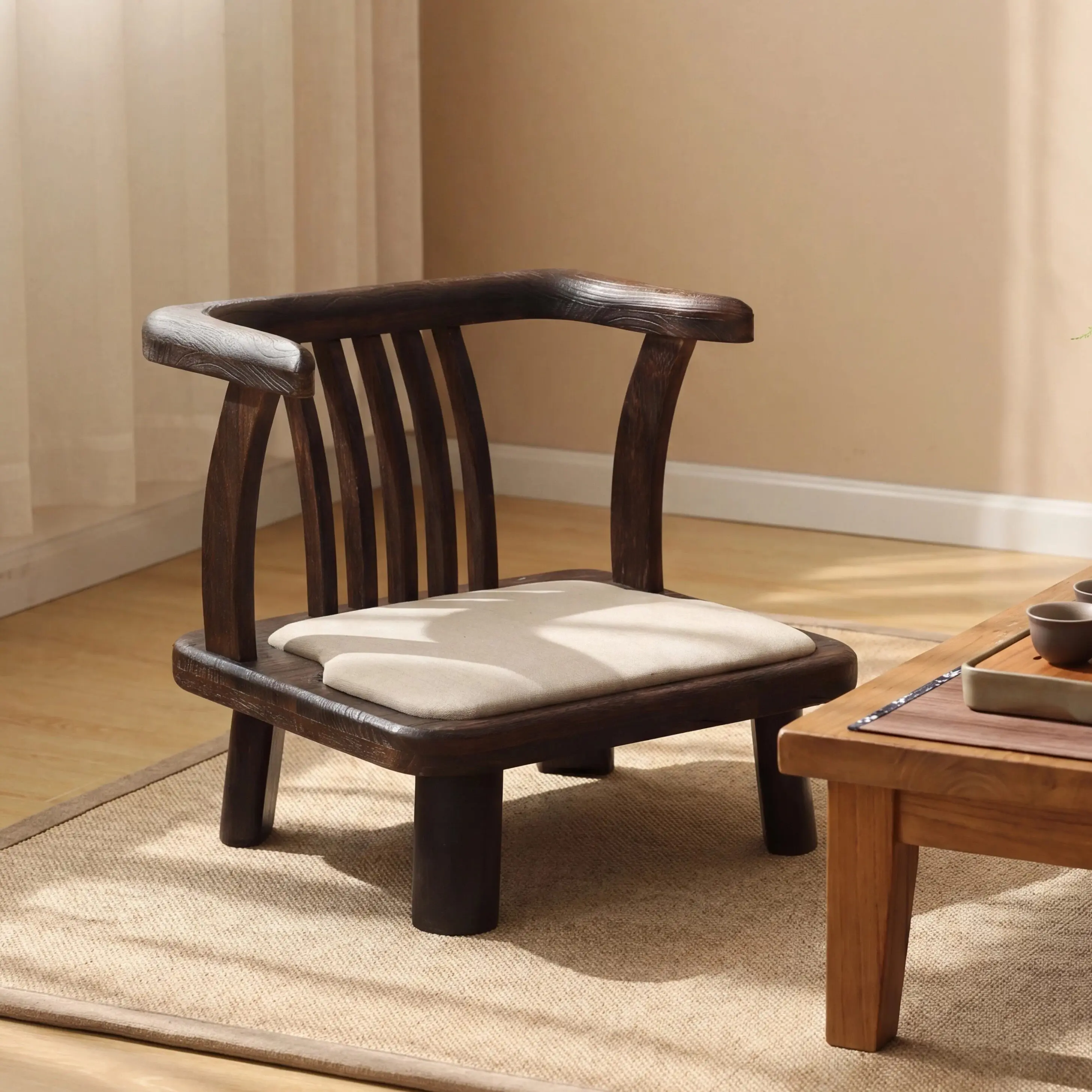 Solid Wood Traditional Armchair, Comfortable Meditation Chair for Tea & Relaxation