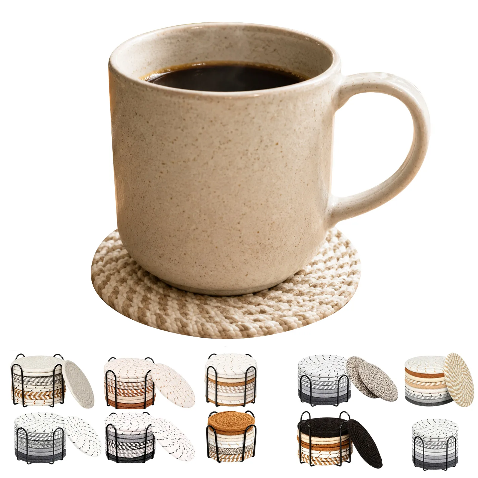 Mixed-Color Coaster Mats with Stand Cotton Rope Placemats Round Jute-Woven Heat-Resistant Coasters Kitchenware