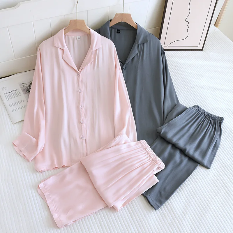 2024 New Spring/Summer Couple Sleepwear Set with Viscous Fiber Gongsatin Thin Long sleeved Two piece Solid Color Home Fury Set