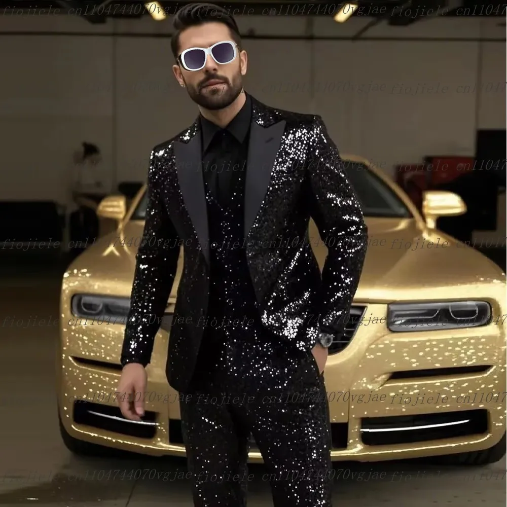 

New Black Sequin Men Suit Formal Wedding Party Groom Business Male Tuxedos Customized 3 Piece Set Jacket Vest Pants