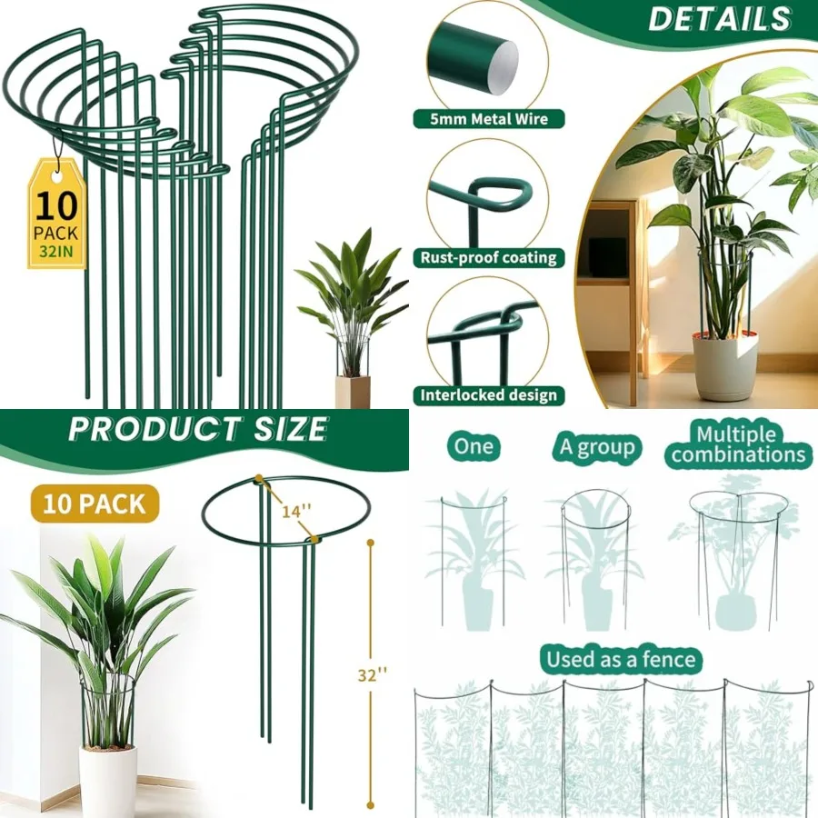 

14" Dx32 H Plant Supports Stakes for Large Heavy Plants, 10Pack Peony Supports, Heavy Duty 5mm Wire Peony Cages, Interlock Gard