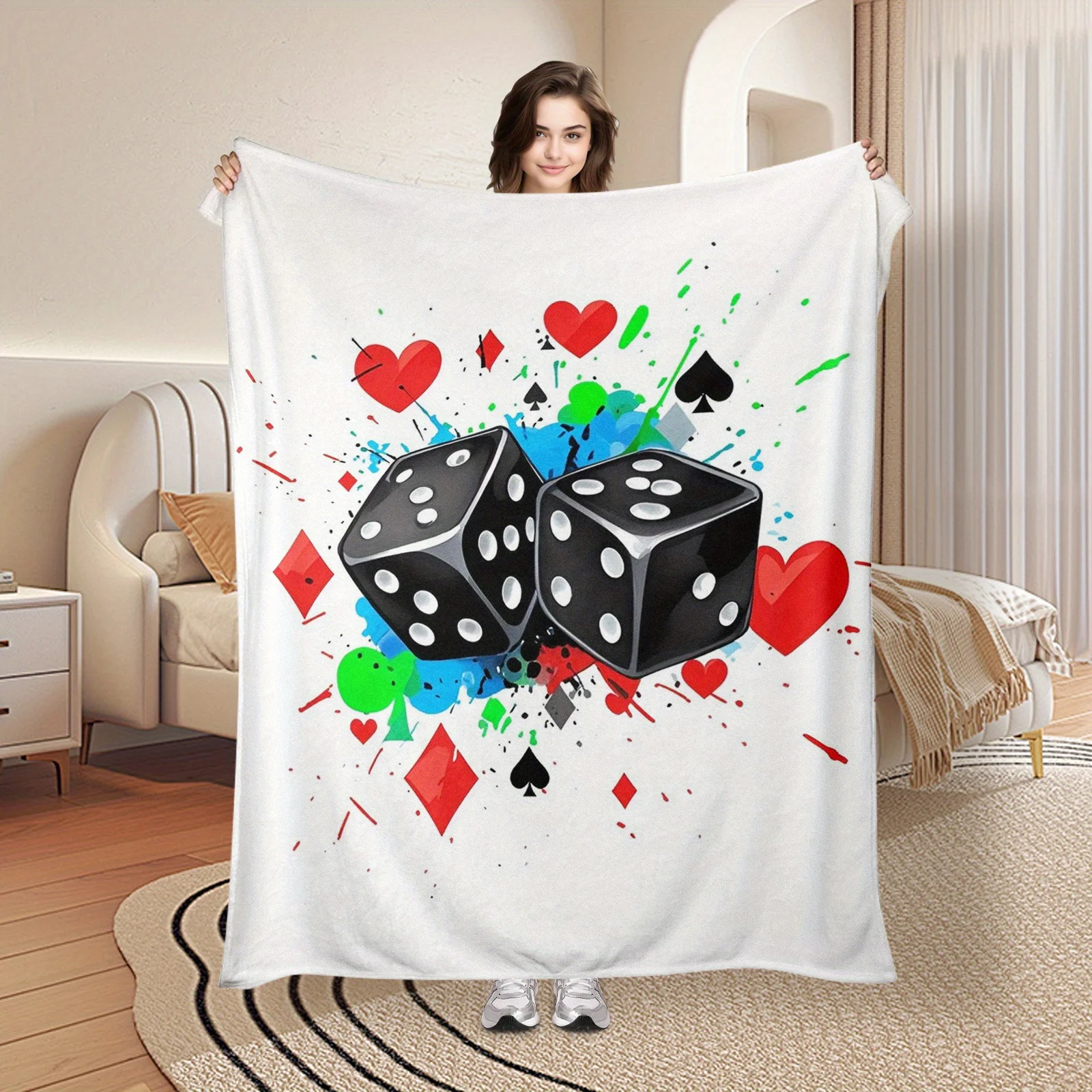 Contemporary Hearts  Spades Dice Splash Design Flannel Blanket - Ultra-Soft  All-Season Throw, Anti-Pilling Machine Washa