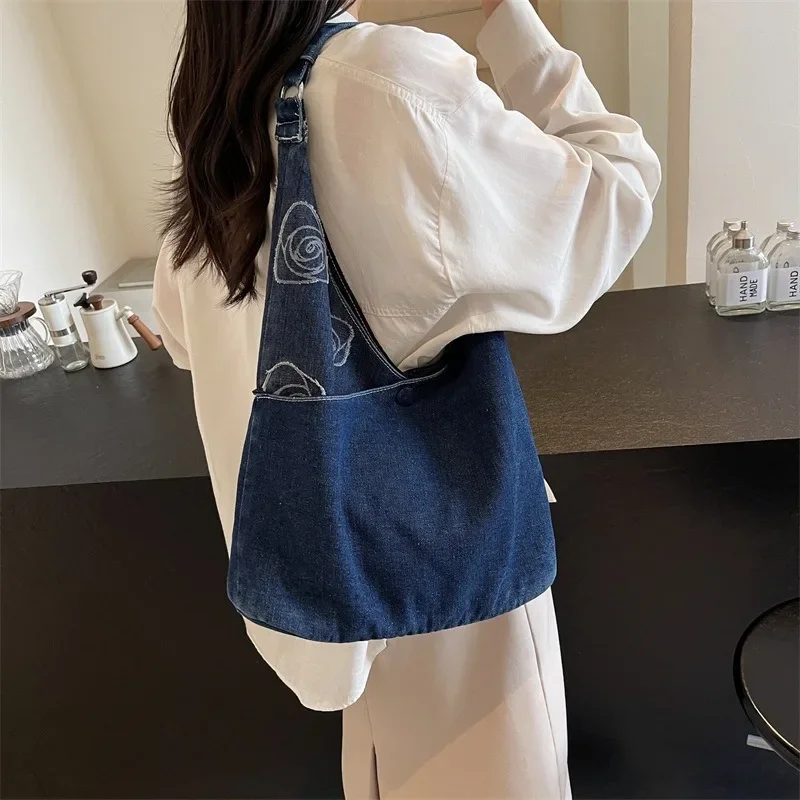 

​​Trendy Denim Tote Bag, Large Capacity Washed Jeans Shoulder Bag, Minimalist Crossbody & Underarm Design for Urban Commute​