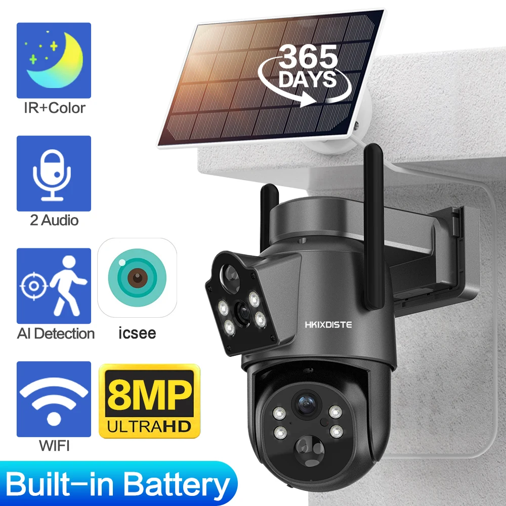 ICSEE Solar Wifi PTZ telecamera di sicurezza 4K Dual Lens Outdoor batteria integrata telecamera di sorveglianza CCTV Wireless PIR rilevamento umano