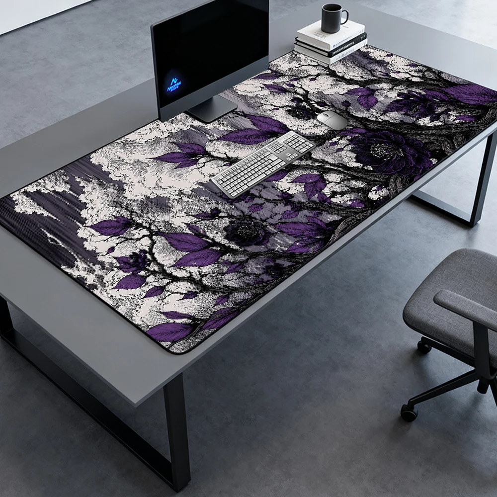 Gothic Floral Mousepad Desk Accessories Large Desktop Mat Black Illustration Gaming 140x60 Ink Purple Aesthetic Computer XXXL
