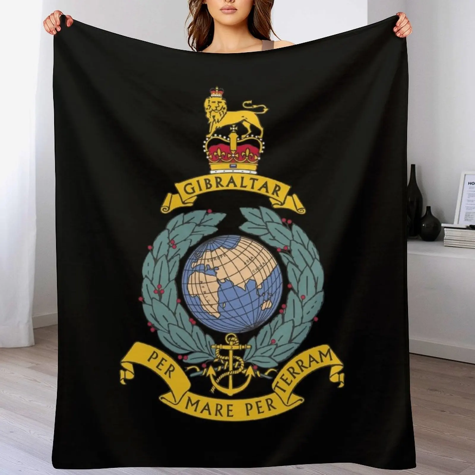 Royal Marines Commando Gibraltar Emblem Throw Blanket Multi-Purpose Hairy Blankets