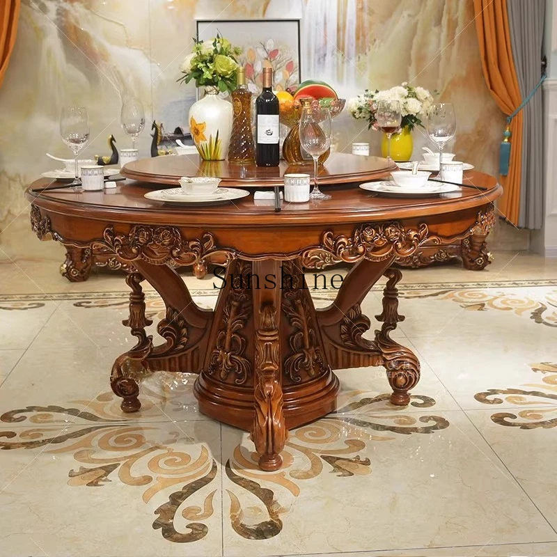 

European size apartment simple round dining table and chair combination solid wood carving flower