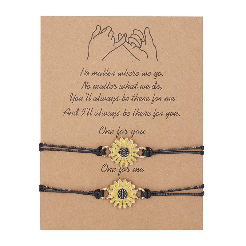 Fashion Sunflower Bracelets Handmade Braided with Black Oil Drip Rope Charm Friendship Wish Card Bangle Couple Alloy Jewelry