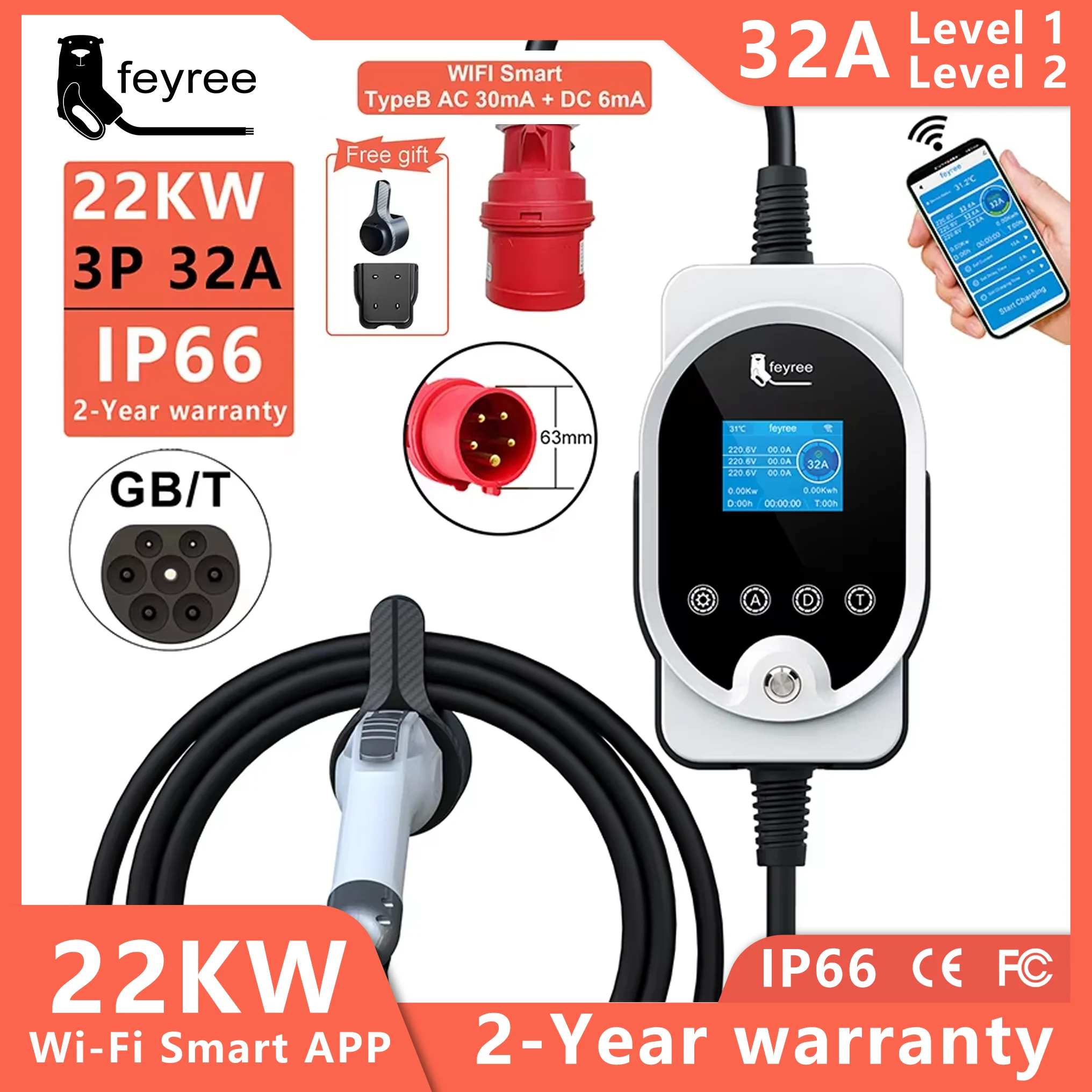 feyree GB/T Portable EV Charger 22KW Fast Charging 32A 3Phase Mobile Charging Station Wi-Fi APP Control for Electric Car Charger