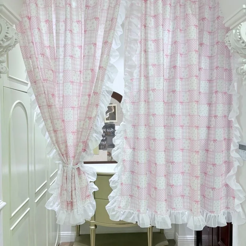New Cute Pink Bow Dormitory Small Curtain Bed Curtain Fresh Short Curtain Cabinet Block Curtain Door Curtain Decorative Curtain